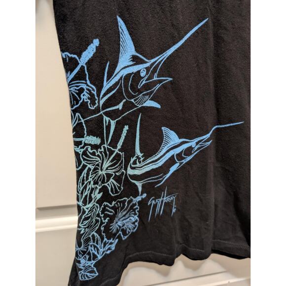 Women’s M Guy Harvey Black Blue Marlin Floral Color T Shirt 100% Cotton - Picture 2 of 6